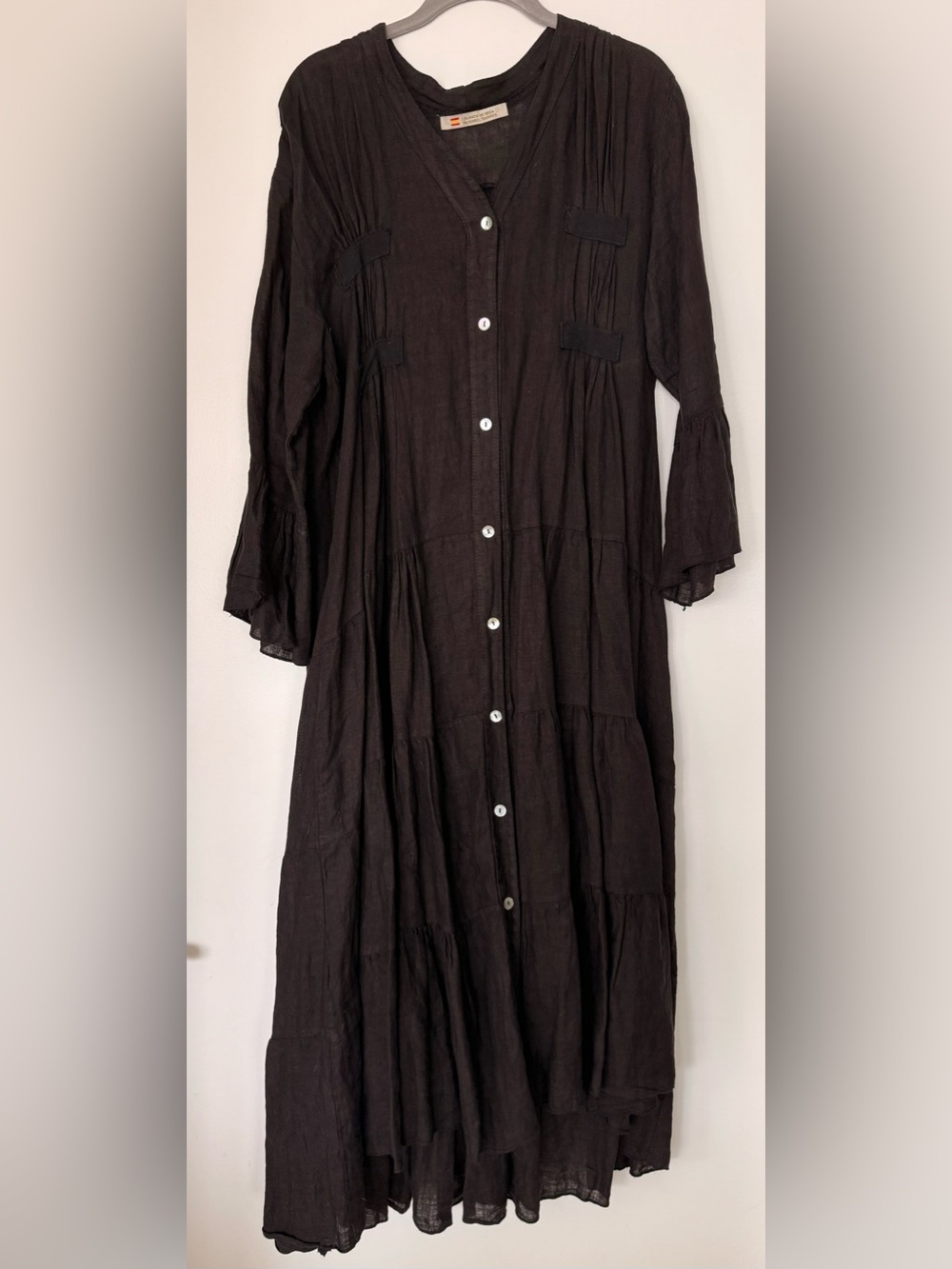 Women's Button-Front 100%Linen Tiered Dress - Black